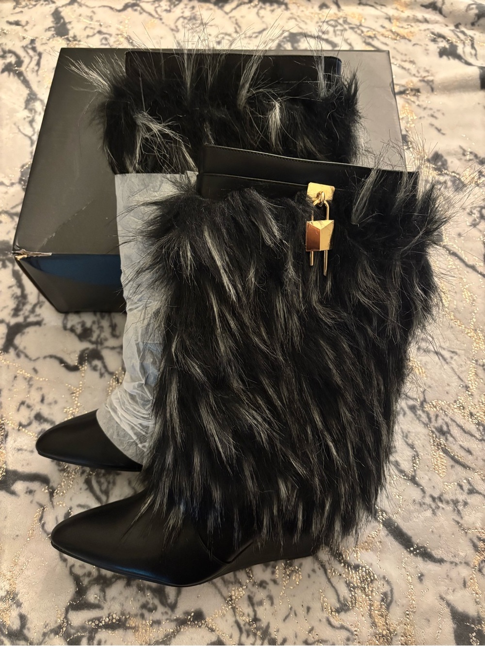 Faux Fur Black Mid-Calf Boots with Gold Accent